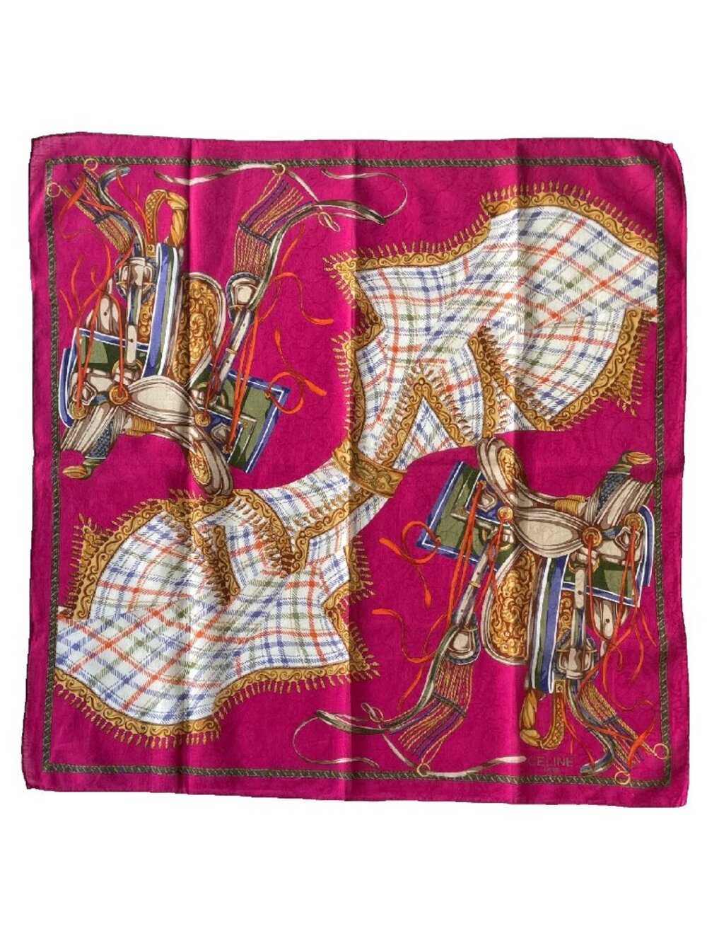 Vintage Celine Equestrian Tartan Cotton Scarf Pink Rolled Hem
